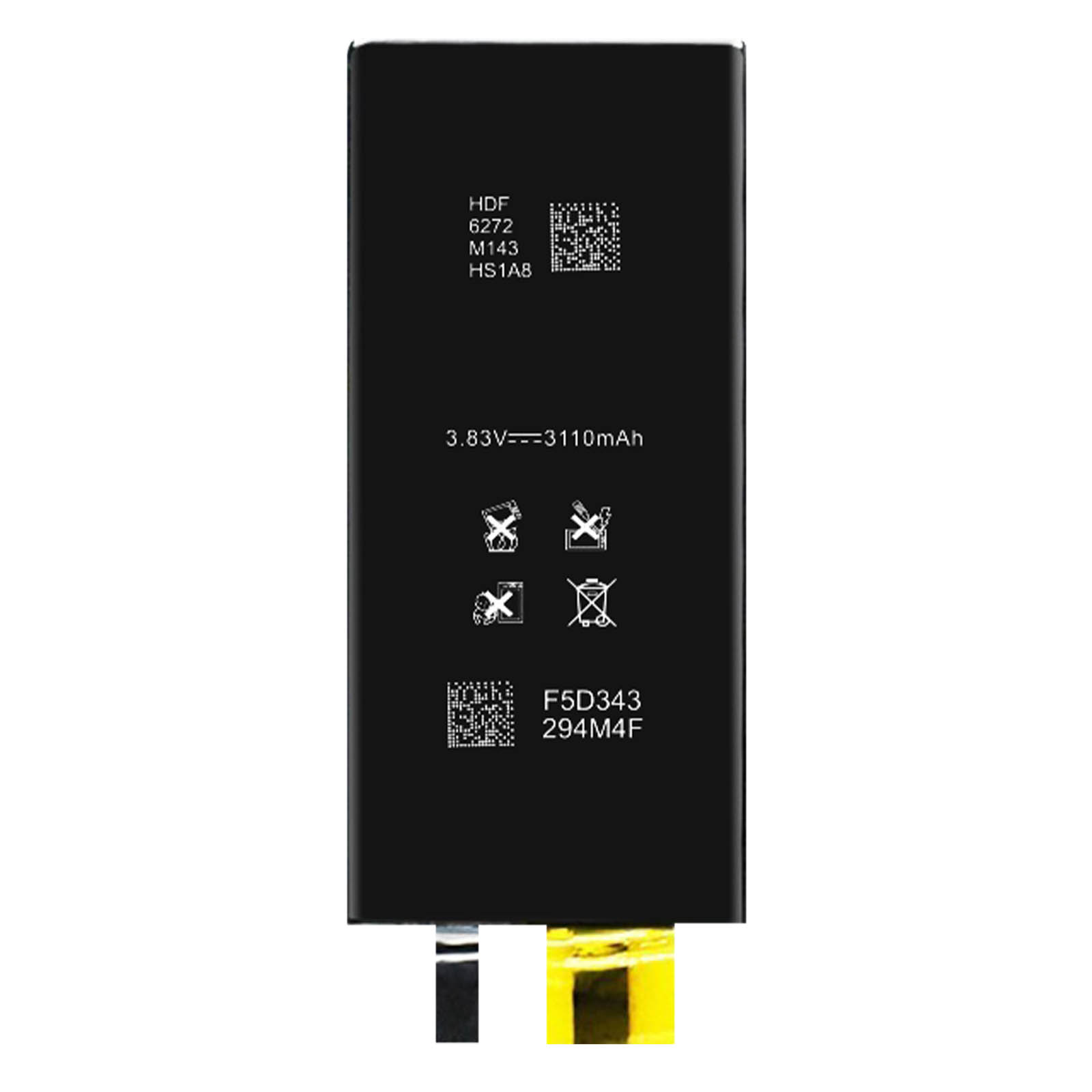 Schwarzer rechteckiger Telefonakku mit weißem Text und Symbolen, 3,83 V, 3110 mAh. Gelbe und weiße Anschlüsse unten.