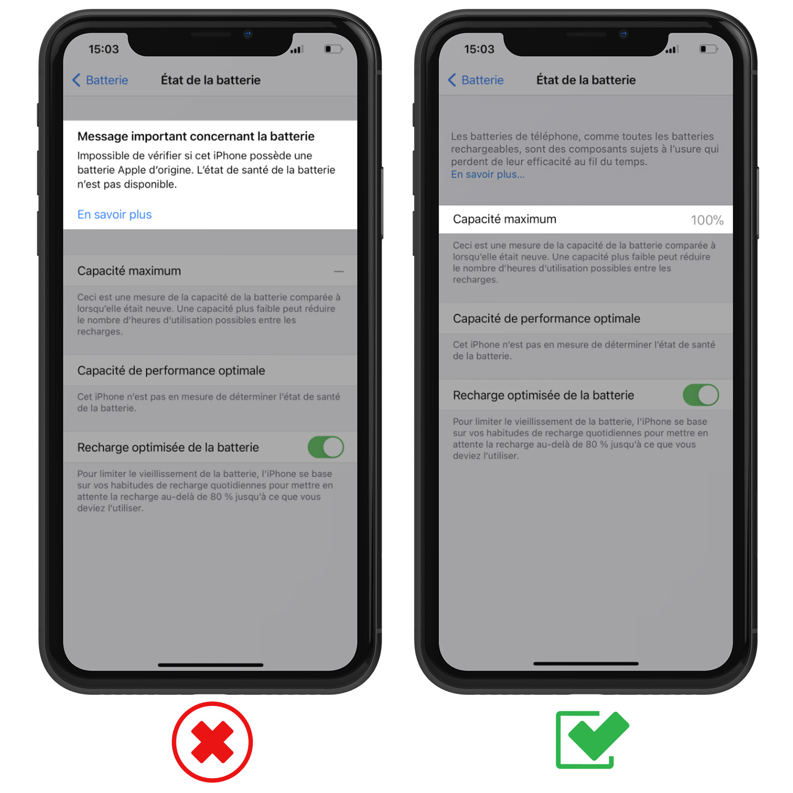 Zwei iPhones mit Batterie-Einstellungen. Eines hat eine Fehlermeldung, das andere zeigt den Batteriezustand 100%.