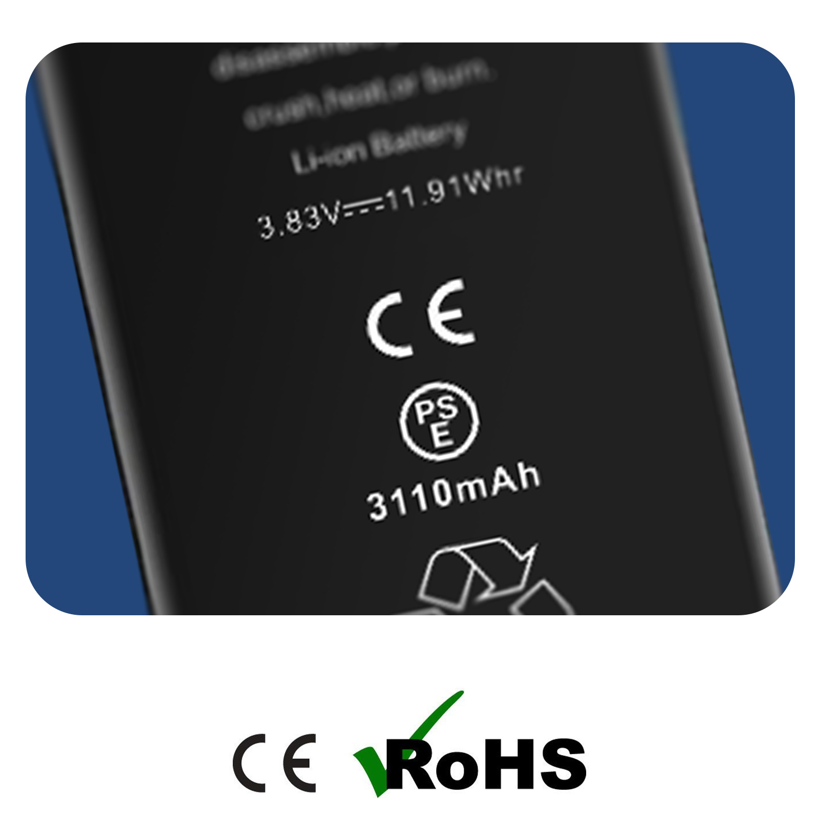 Schwarzes Batterieetikett mit Text: Li-Ion, CE, PS E-Symbole und 3110mAh. Darunter sind CE- und RoHS-Symbole zu sehen.
