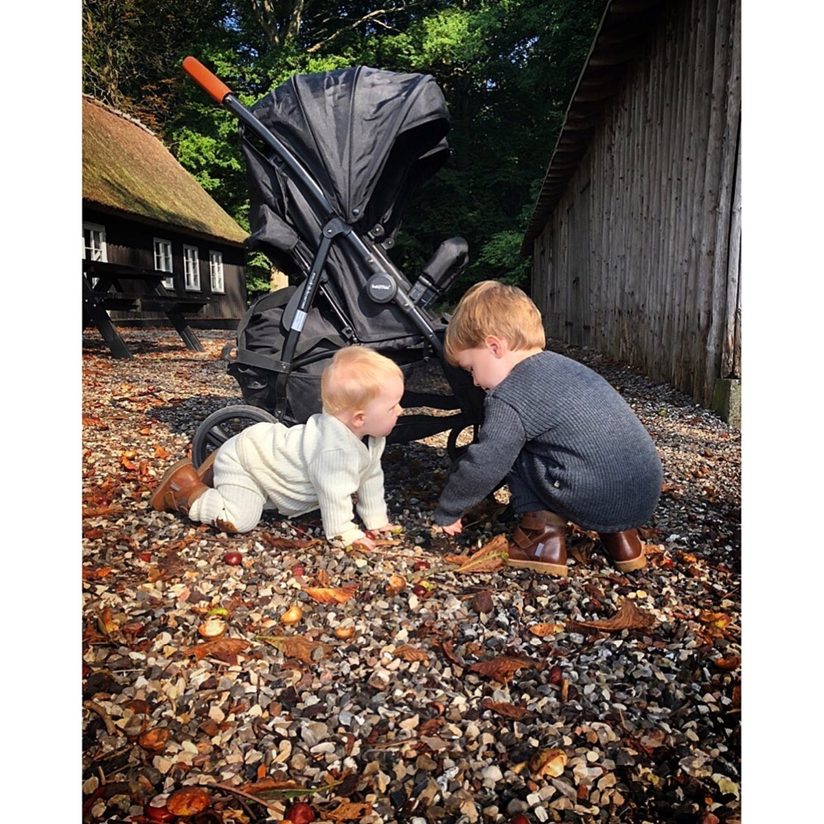 Zwei Kleinkinder spielen auf einem Kiesweg mit Herbstlaub. Ein Kinderwagen steht in der Nähe. Im Hintergrund ein Gebäude mit Reetdach.