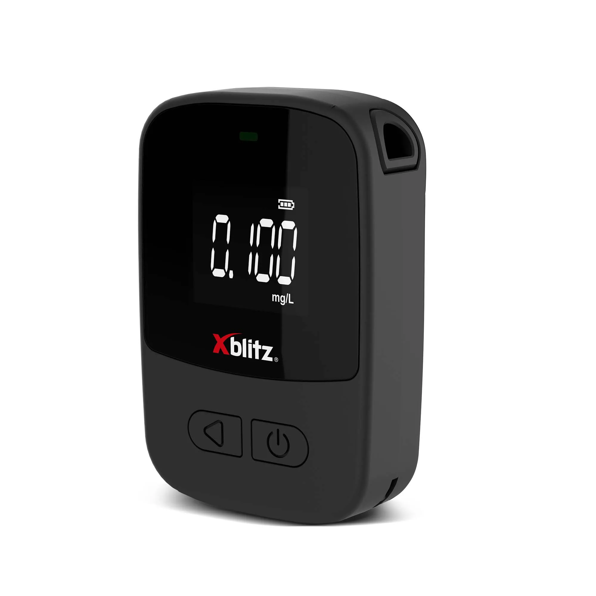 Czarny alkomat z cyfrowym wyświetlaczem 0.100 mg/L. Posiada dwa przyciski i logo Xblitz.