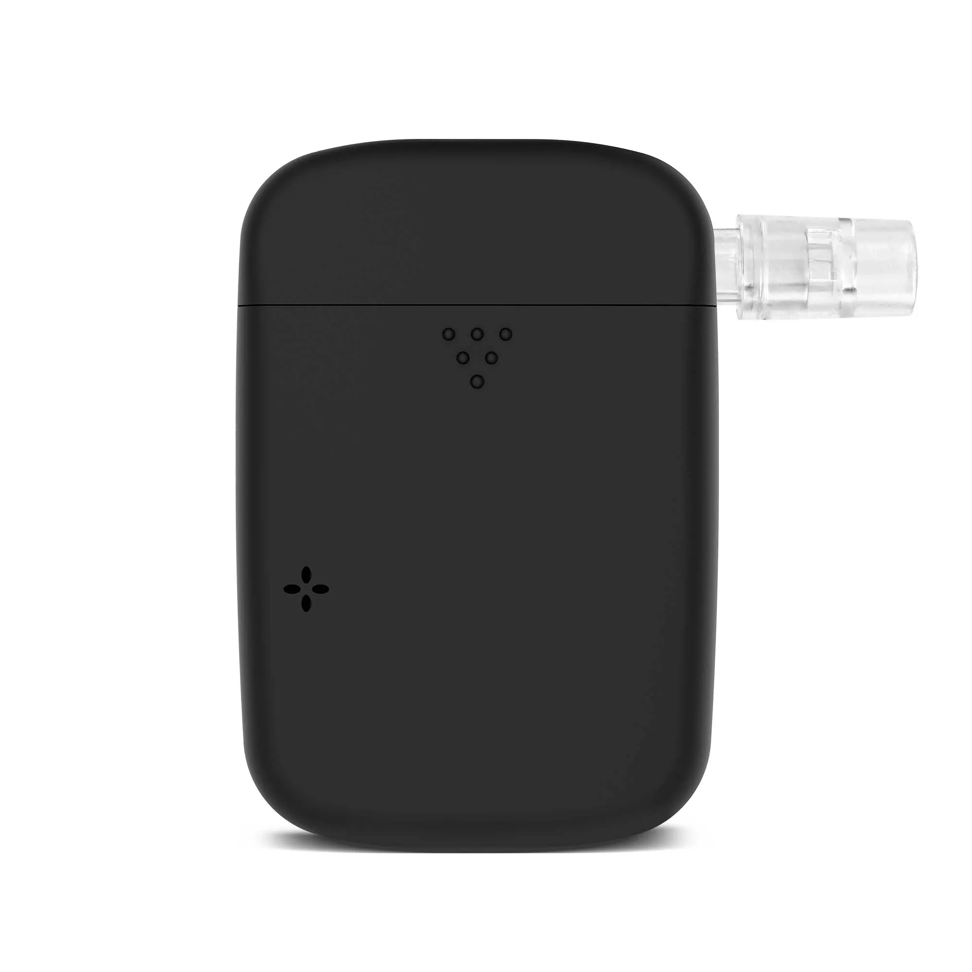 Czarny alkomat z przezroczystym ustnikiem. Ma zaokrąglony kształt i małe otwory wentylacyjne.