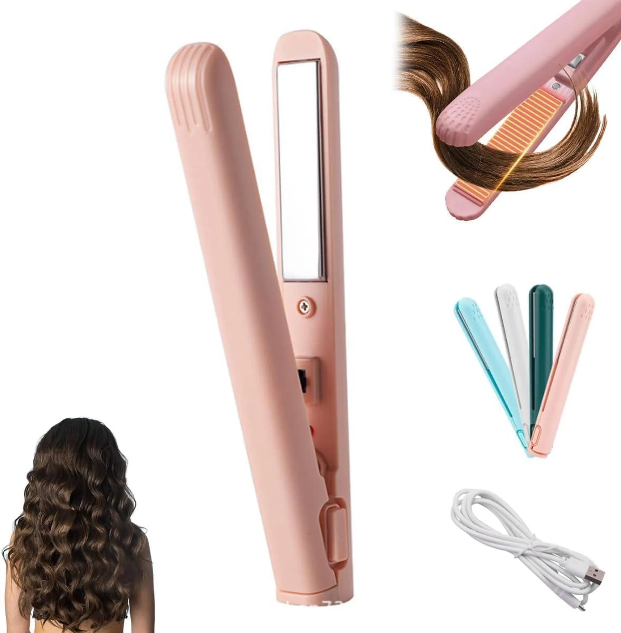 Ein rosa Haarglätter mit Haaren. Außerdem mehrere Glätteisen in verschiedenen Farben, Haare und ein Ladekabel.