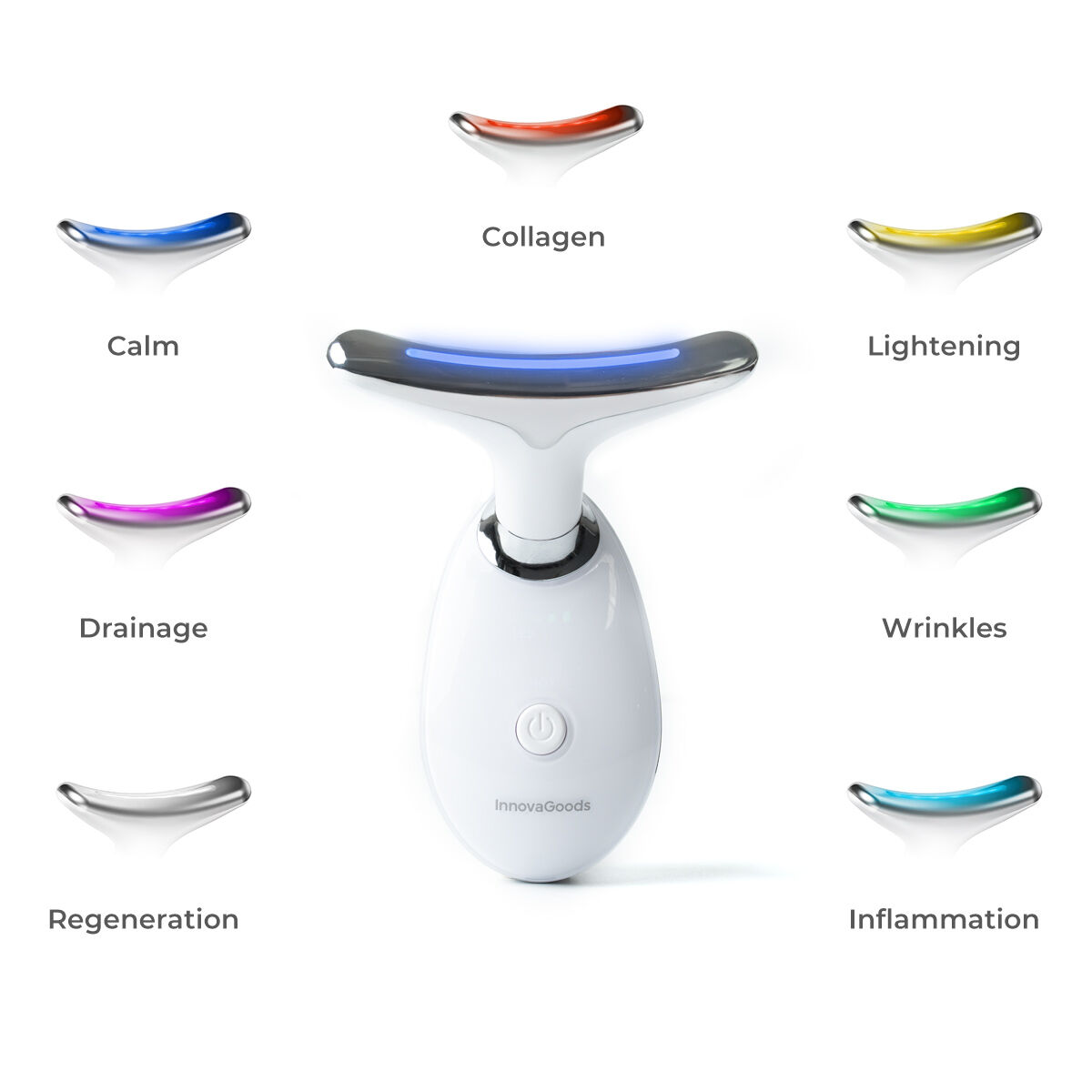 Un massaggiatore per il collo InnovaGoods bianco con luci di diversi colori, ognuna etichettata per uno specifico trattamento della pelle.