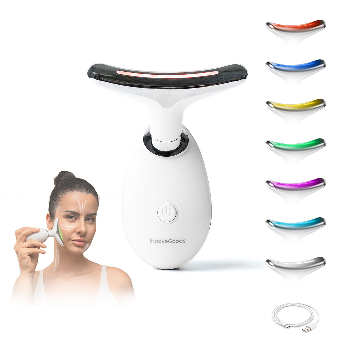 Una donna usa un massaggiatore facciale InnovaGoods bianco. Il dispositivo e le sue luci colorate sono visualizzati. Un cavo USB è in basso.