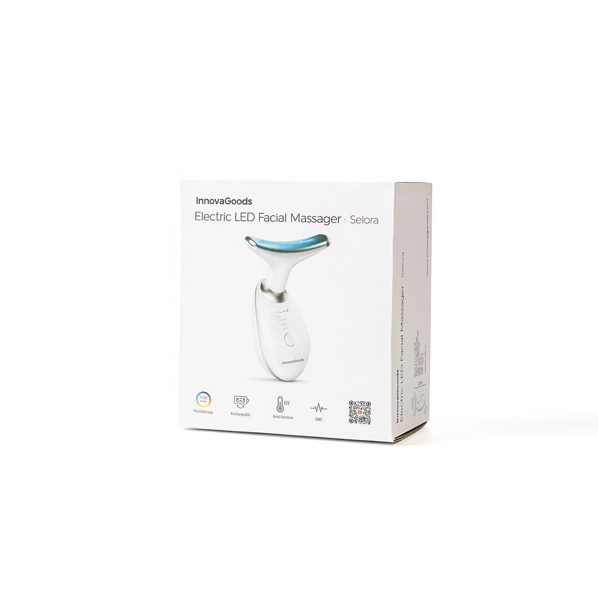 Una scatola bianca con un massaggiatore facciale InnovaGoods. Il massaggiatore ha un'impugnatura bianca e una testa blu. La scatola ha testo e icone.