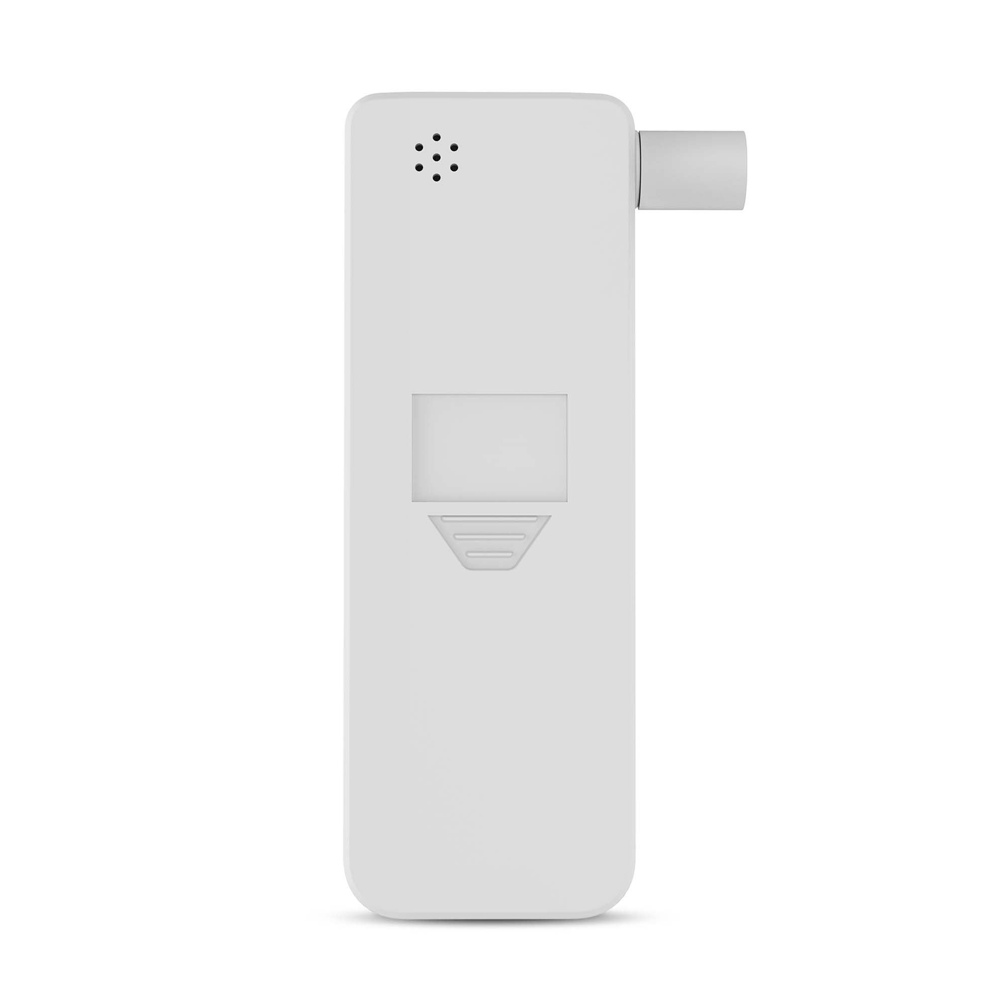 Biały alkomat z ustnikiem, obszarem wyświetlacza i szeregiem otworów na górze.