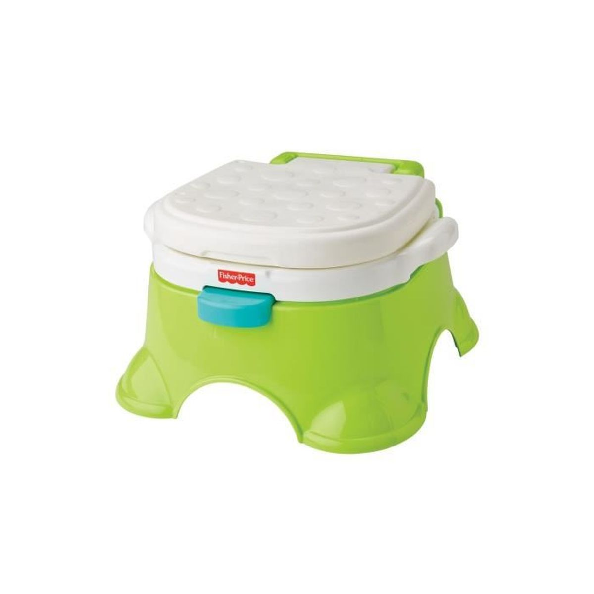 Ein grün-weißer Fisher-Price Töpfchensitz. Er hat einen weißen Sitz und eine grüne Basis mit einem blauen Knopf.
