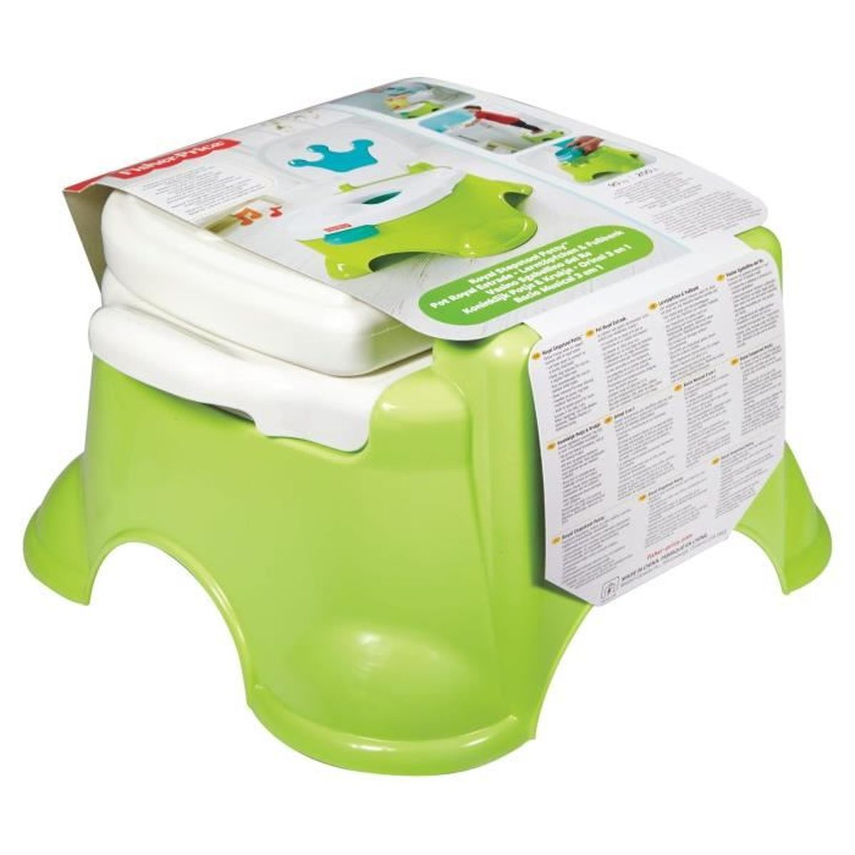 Eine grün-weiße Fisher-Price Töpfchen mit Verpackung. Das Töpfchen hat eine Rückenlehne und ist für Kinder konzipiert.