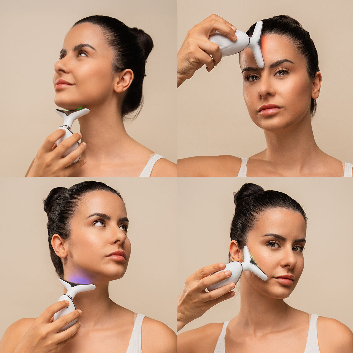 Una donna usa un dispositivo facciale bianco sul viso e sul collo in quattro scatti diversi, mostrando diverse aree e funzioni del dispositivo.