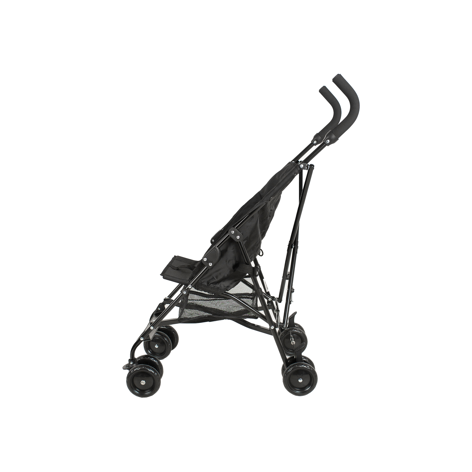 Schwarzer Kinderwagen auf weißem Hintergrund. Merkmale sind Sitz, Räder und Griffe.