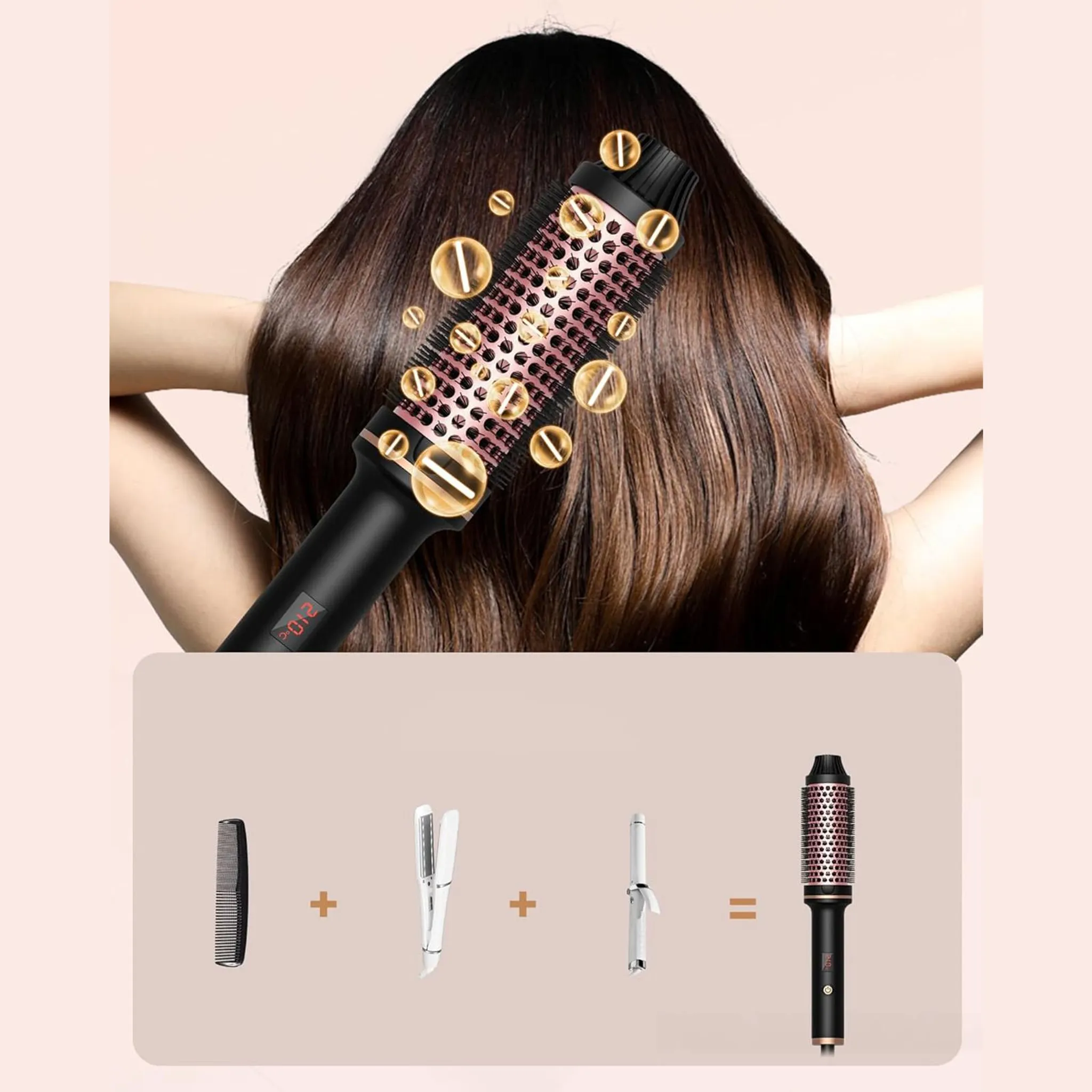 Eine Haarbürste, die auf braunem Haar verwendet wird. Unten ist Kamm, Glätteisen, Lockenstab = Bürste zu sehen.