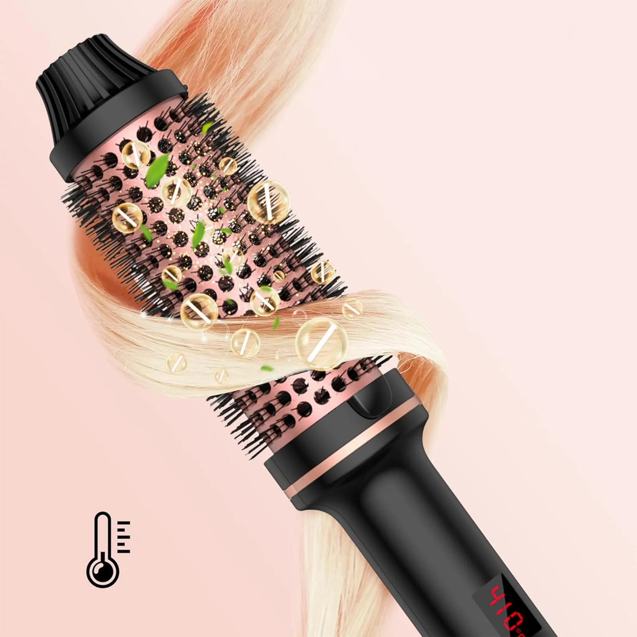 Haarstylingbürste mit blondem Haar und Blasen. Schwarz und Roségold mit Temperaturanzeige bei 410 Grad.