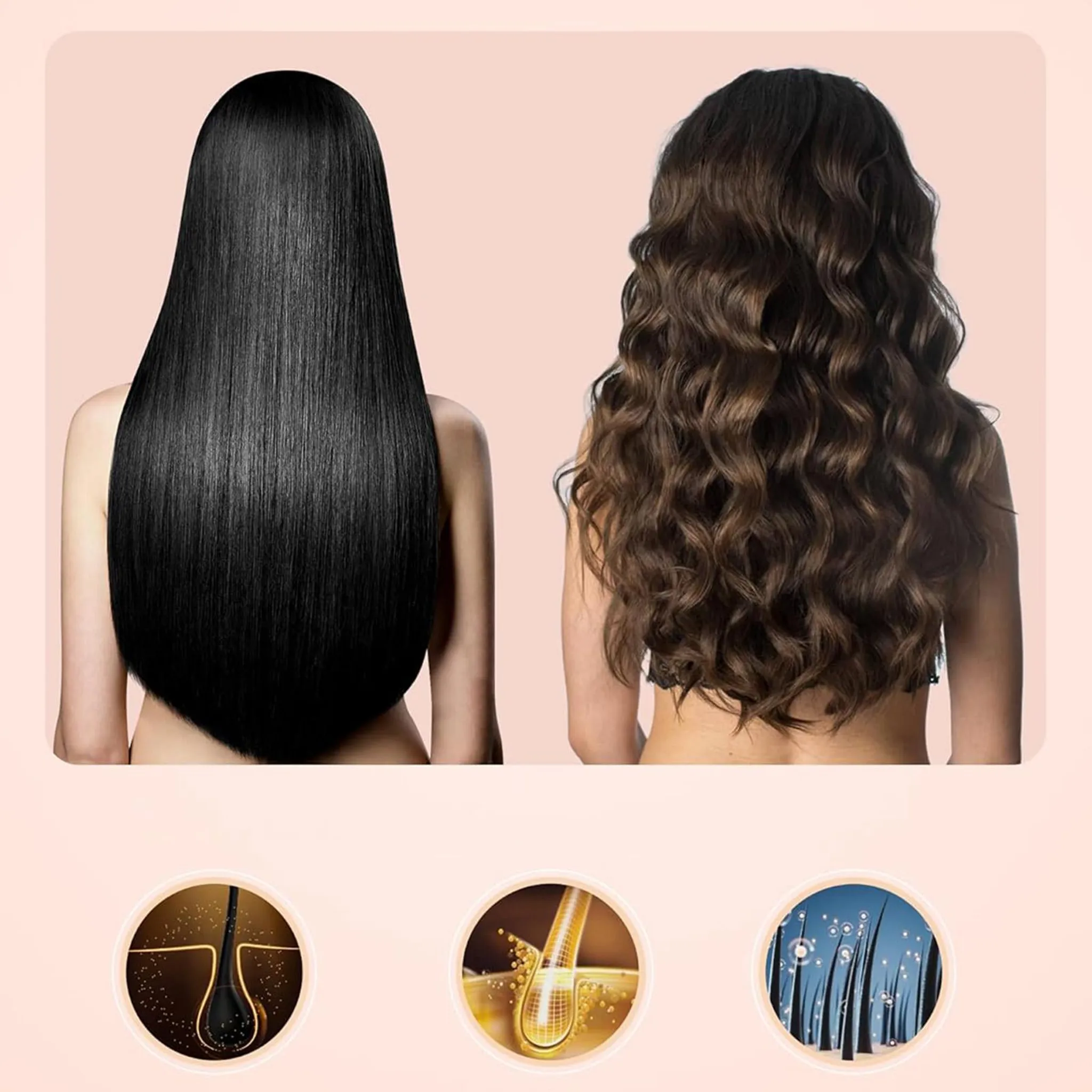 Das Bild zeigt zwei Frauen. Eine hat glattes, schwarzes Haar, die andere hat welliges, braunes Haar. Außerdem gibt es 3 runde Symbole.
