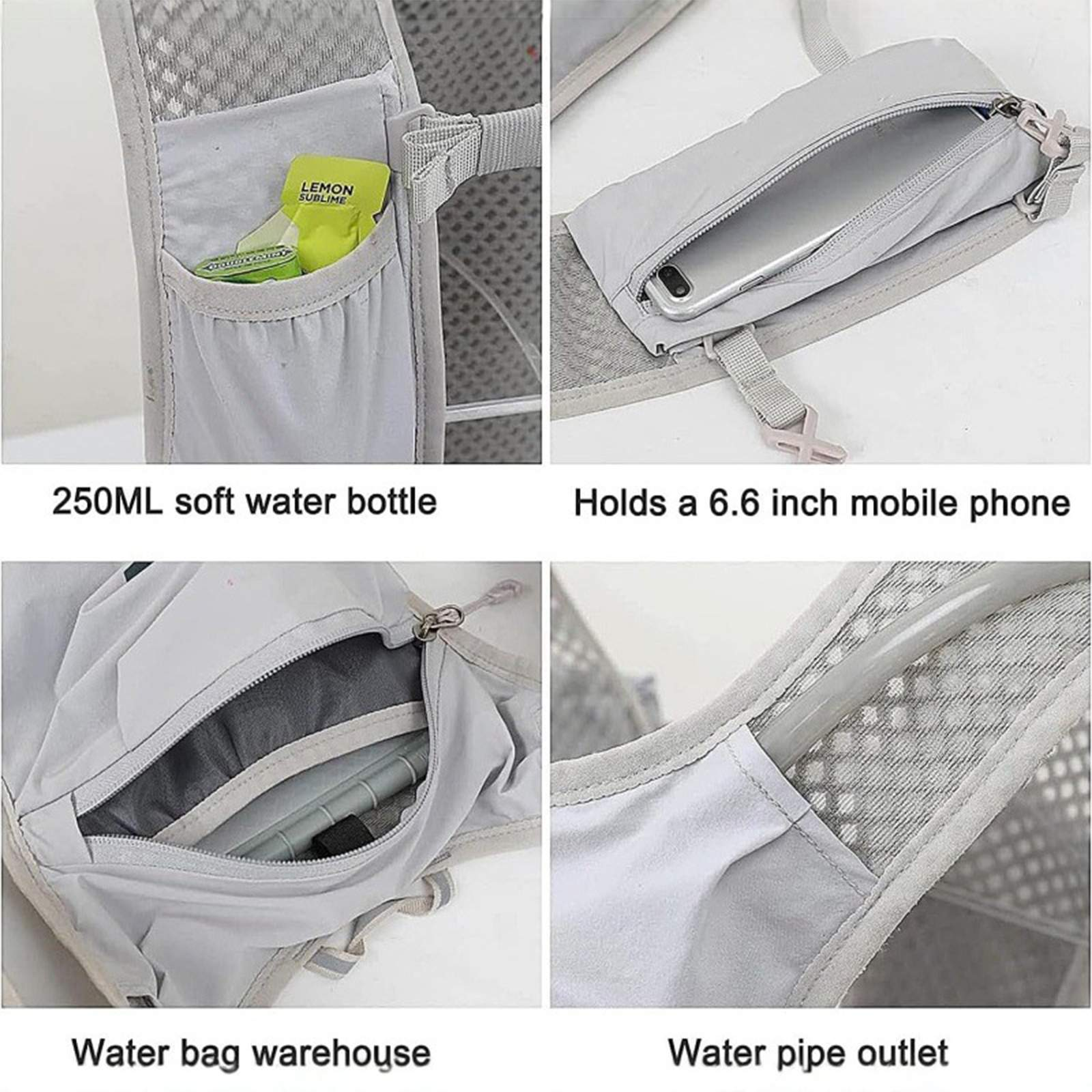 Graue Laufweste mit mehreren Fächern. Sie hat Taschen für eine Wasserflasche, ein Telefon und einen Wasserbeutel.