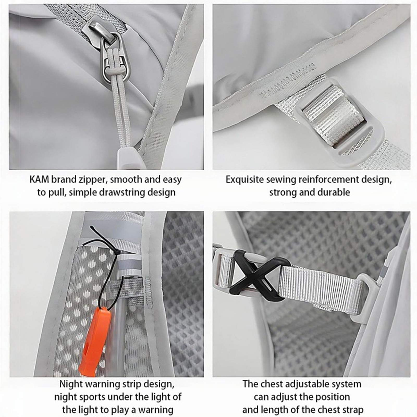 Das Bild zeigt Details eines Rucksacks, einschließlich Reißverschluss, Nähten, Warnstreifen und verstellbarem Brustgurt.