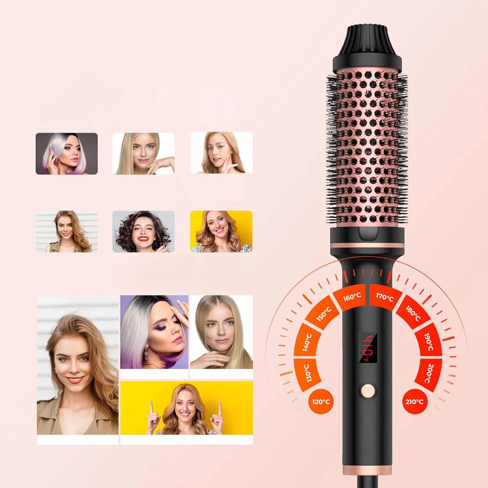 Haarstyling-Werkzeug mit Temperatureinstellungen, Bilder von Frauen mit verschiedenen Frisuren. Rosa Hintergrund.