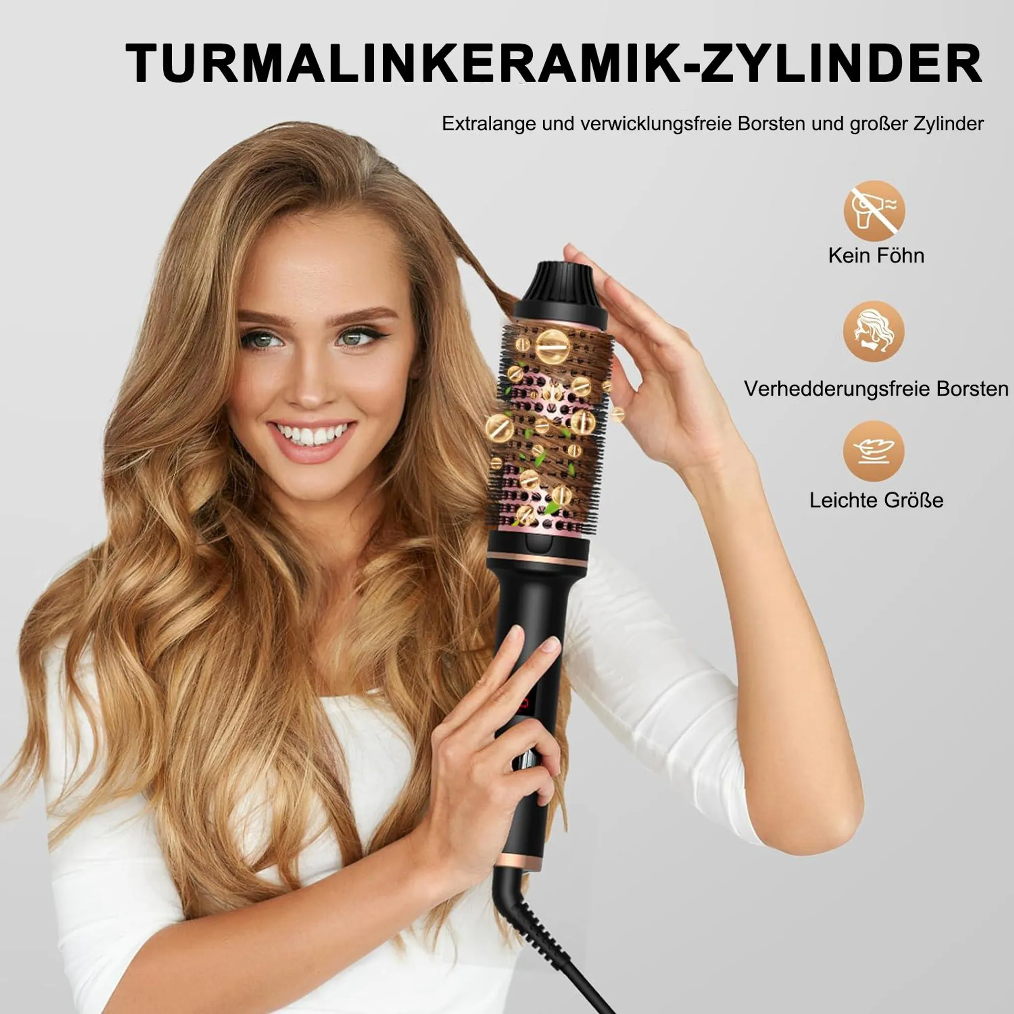 Eine Frau lächelt und benutzt ein Haarstyling-Werkzeug. Text auf dem Bild wirbt für Funktionen.