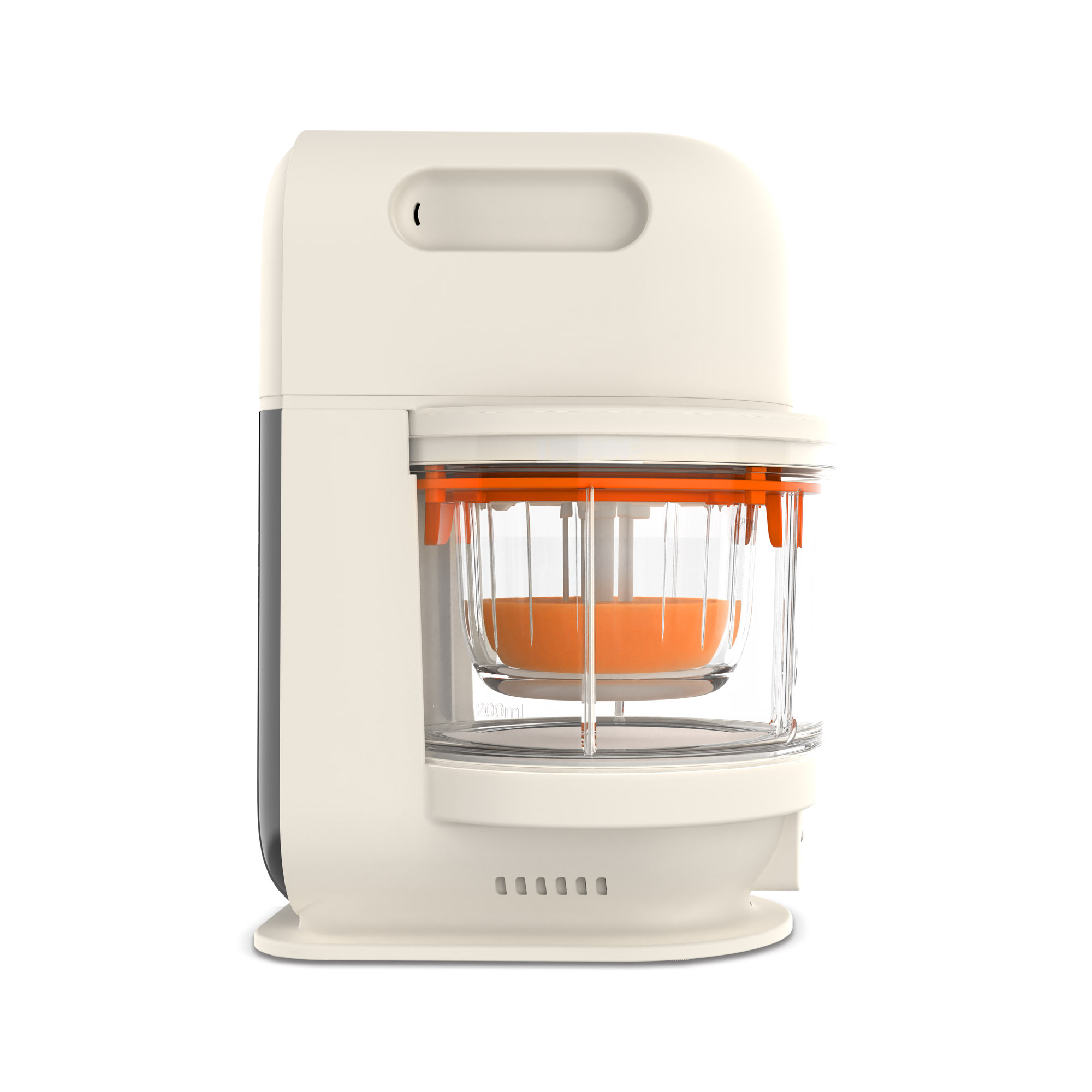 Kremowy robot kuchenny z pomarańczowym pojemnikiem zawierającym pomarańczowy płyn. Ma uchwyt na górze.