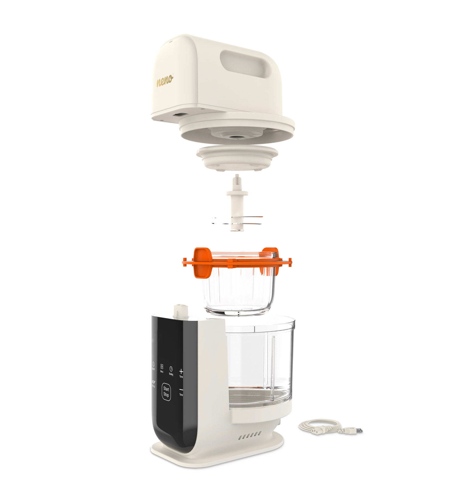 Widok rozłożony na części robota do przygotowywania żywności dla niemowląt. Ma białe i czarne części oraz pomarańczową pokrywę. Na dole znajduje się kabel USB.