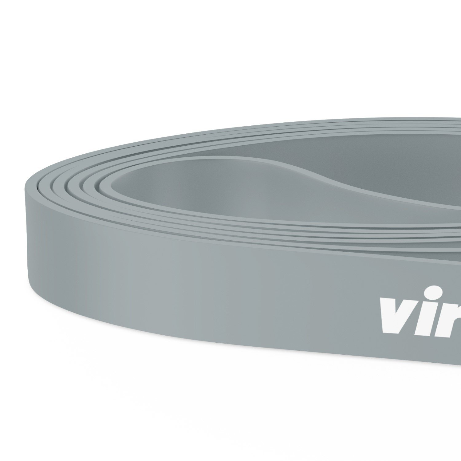 Ein graues Widerstandsband ist aufgerollt. Weißer Text 'vir' ist auf der Oberfläche des Bands sichtbar. Der Hintergrund ist weiß.