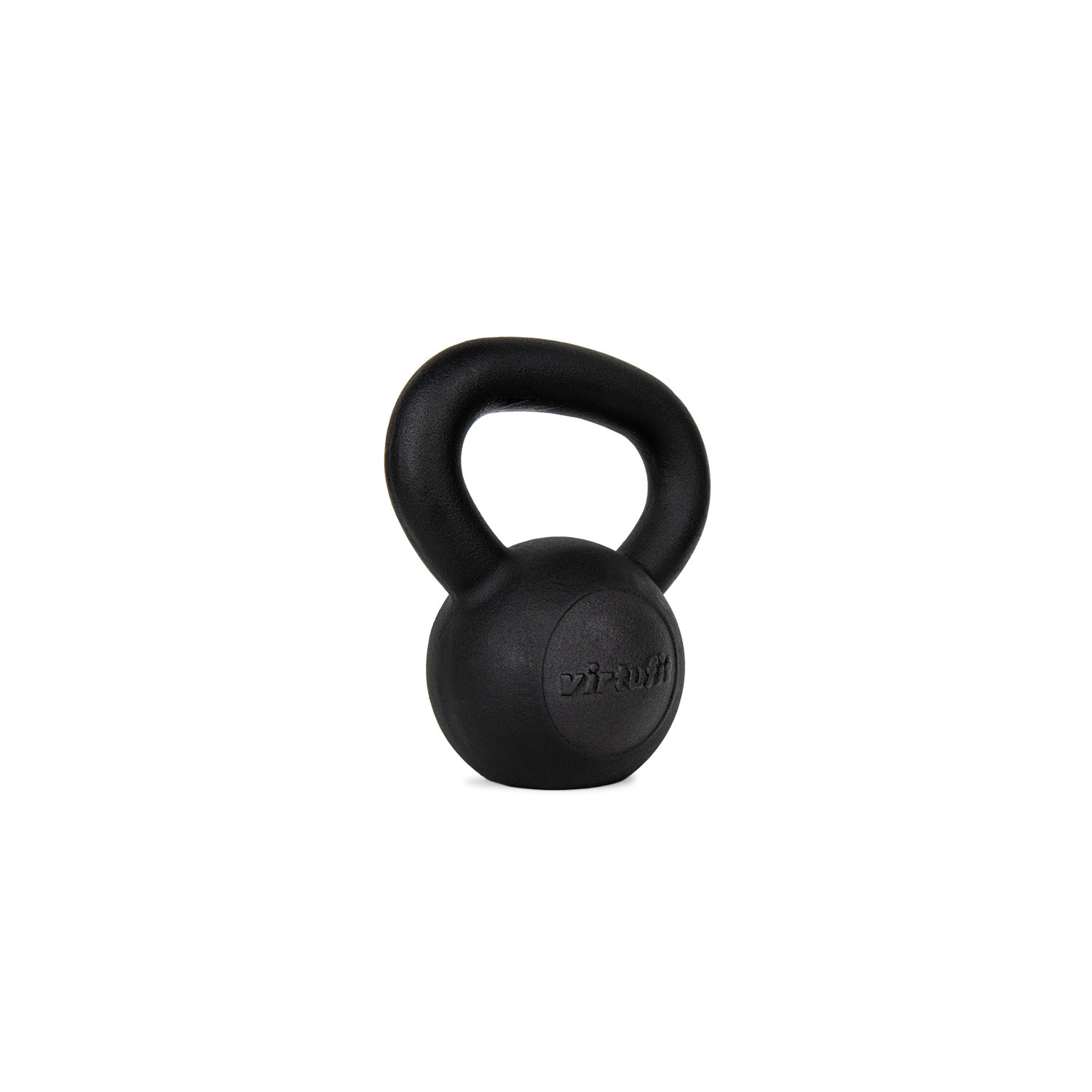 Eine schwarze Kettlebell, isoliert auf weißem Grund. Sie hat einen runden Boden und einen Griff. Der Markenname ist sichtbar.