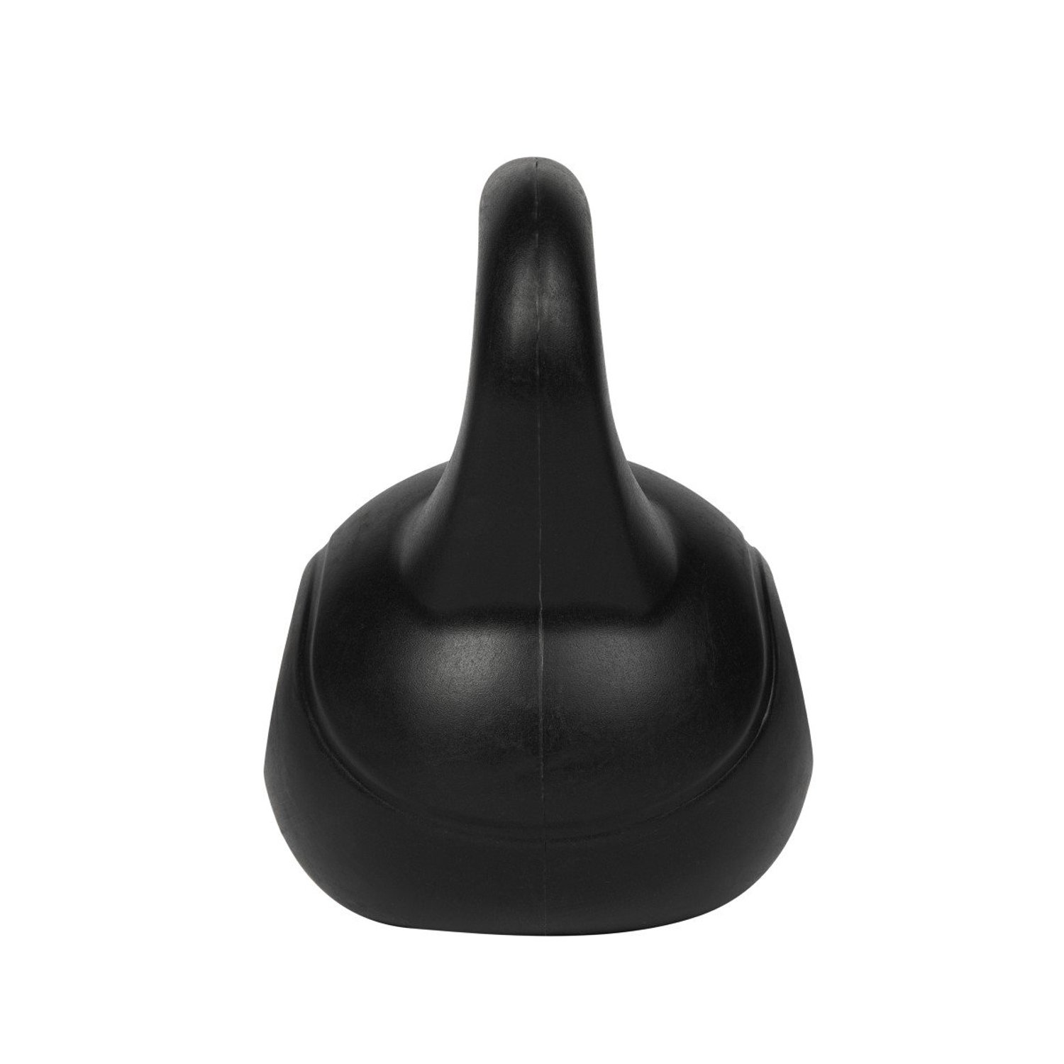 Nahaufnahme einer schwarzen Kettlebell. Sie hat einen gebogenen Griff und einen runden Sockel. Der Hintergrund ist schlicht weiß.