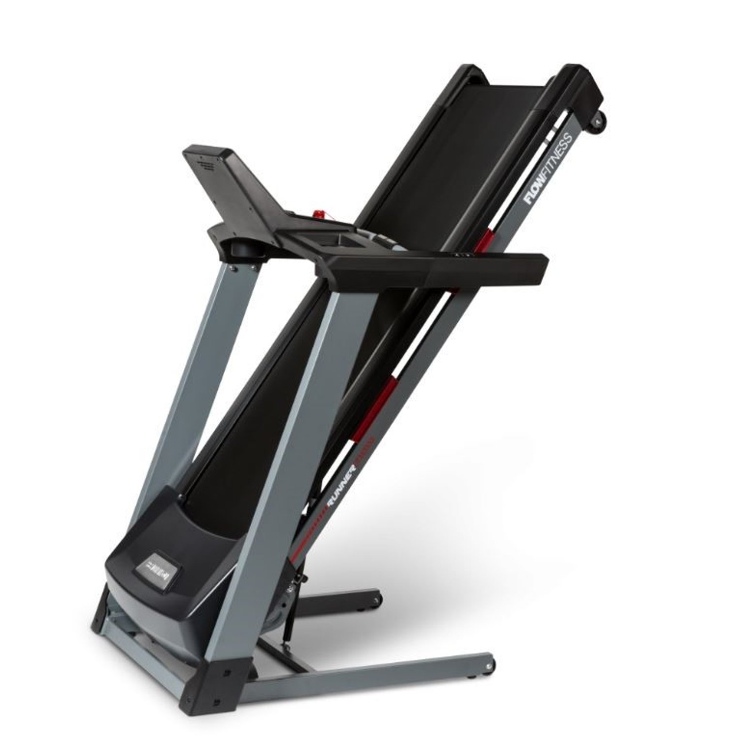 Ein graues und schwarzes Laufband wird in einem Winkel gezeigt. Das Laufband ist zusammengeklappt. Der Markenname Flow Fitness ist sichtbar.