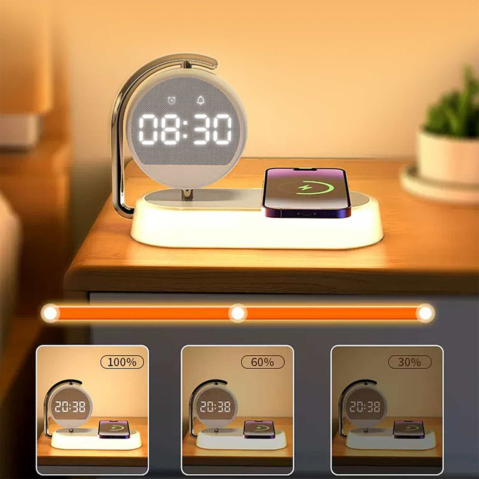 Digitaluhr mit 08:30 auf weißer Basis mit Ladetelefon. Szene hat Helligkeitsregelung.