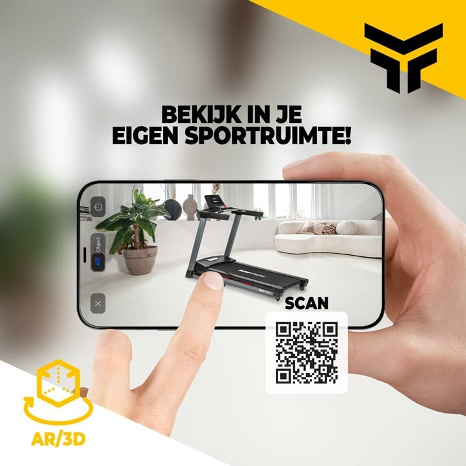 Hand, das ein Telefon mit Laufband zeigt. Text: 'Bekijk in je eigen sportruimte!' und 'Scan'. AR/3D-Symbol vorhanden.