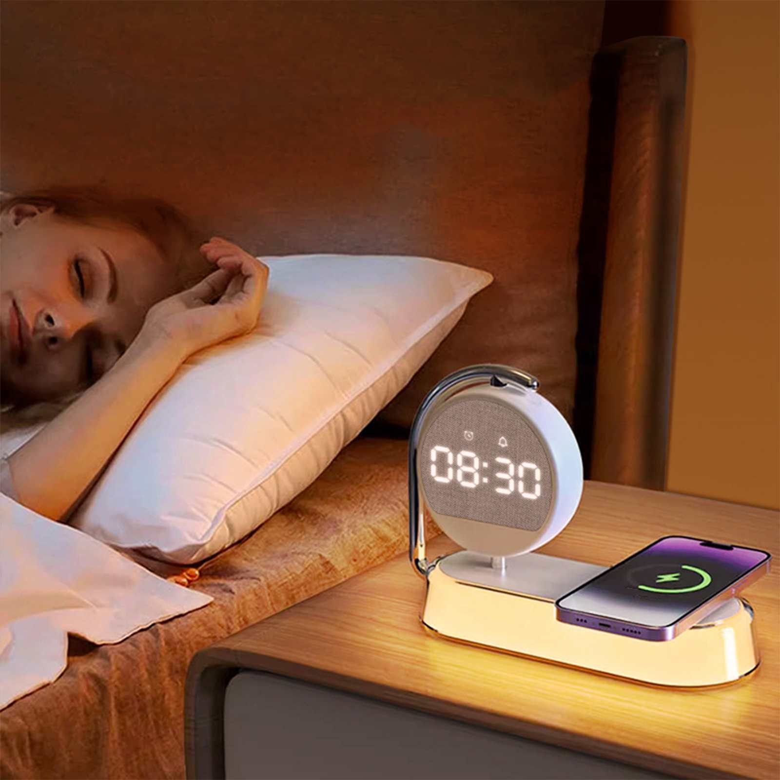 Eine Frau schläft neben einem Nachttisch mit einer Uhr, die 08:30 anzeigt, und einem ladenden Telefon.