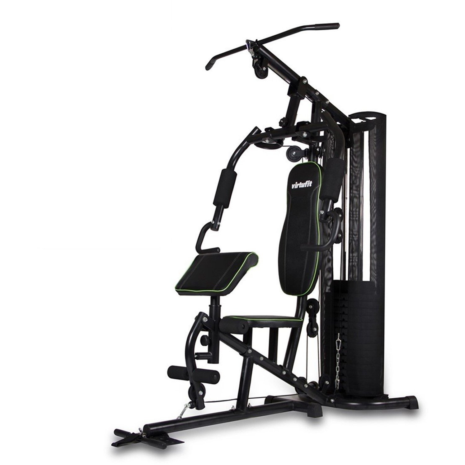 Eine schwarze VirtuFit-Heimtrainingsmaschine mit grünen Akzenten. Sie hat verschiedene Stationen für verschiedene Übungen, mit Gewichtsblöcken an der Seite.