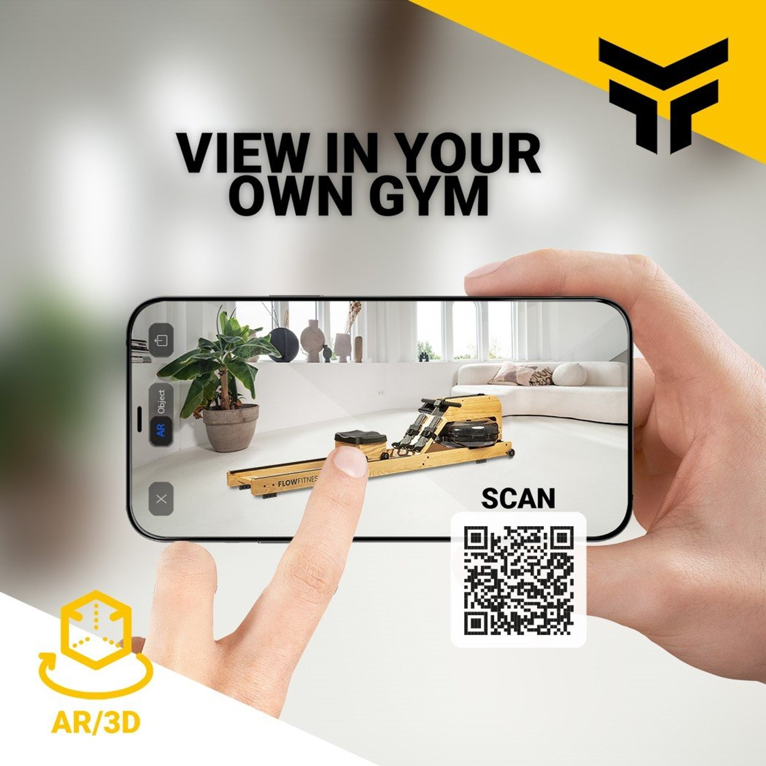 Eine Hand hält ein Telefon, das ein Rudergerät in einem Raum zeigt. Der Text lautet 'View in your own gym' mit einem QR-Code zum Scannen.