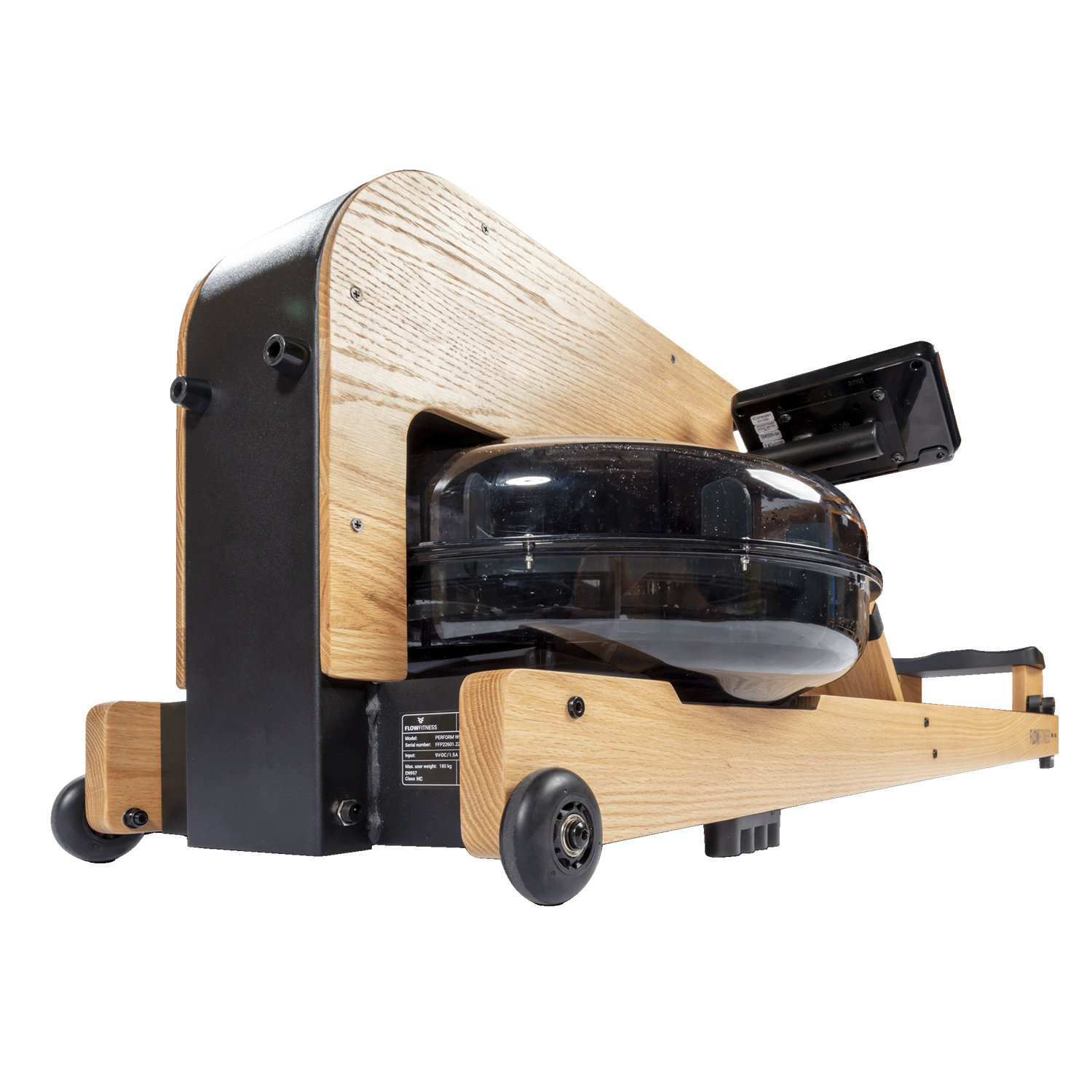 Ein Rudergerät mit Holzrahmen und schwarzen Komponenten. Es hat einen Wassertank, ein Display und Räder.