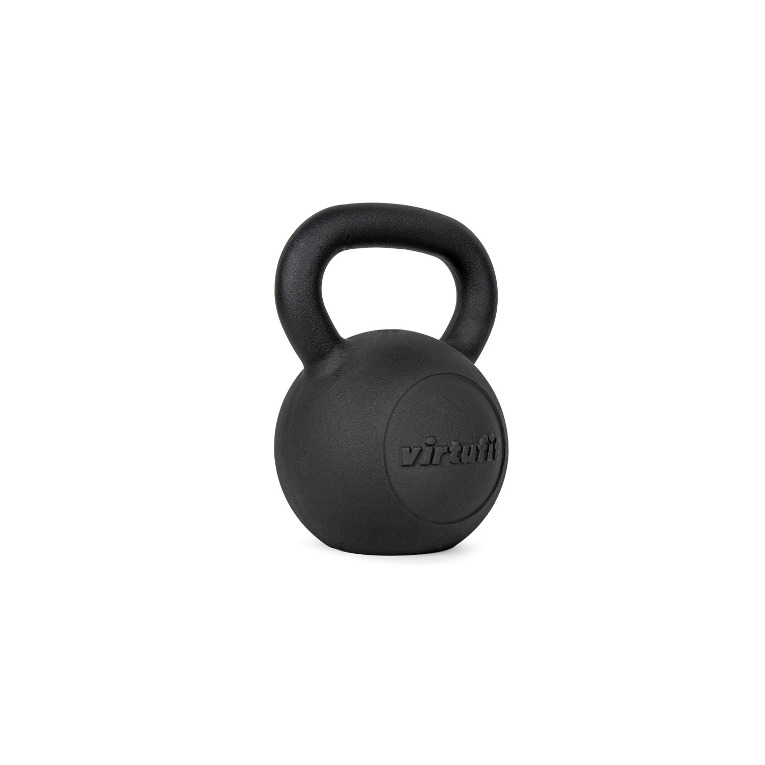 Eine schwarze Kettlebell mit Griff auf weißem Grund. Das Wort 'virtufit' ist auf dem Ball geprägt.