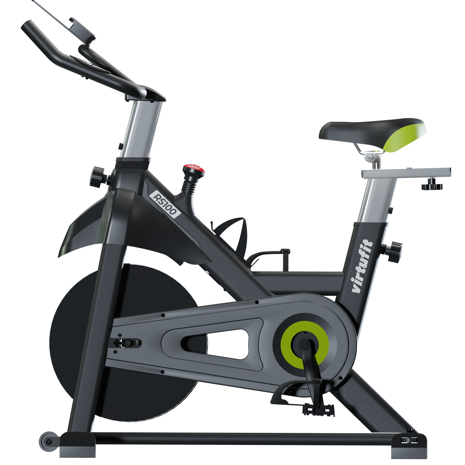 Stationäres Trainingsfahrrad. Schwarzer und grauer Rahmen, grüne Akzente. Der Sitz ist schwarz und grün. Hat einen Flaschenhalter.