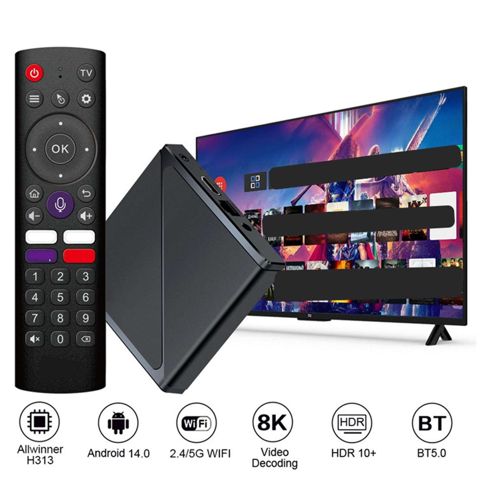 TV-Box, Fernbedienung und Fernseher. Der Fernseher zeigt Apps und Filme. Die Fernbedienung ist schwarz, die Box ist schwarz.
