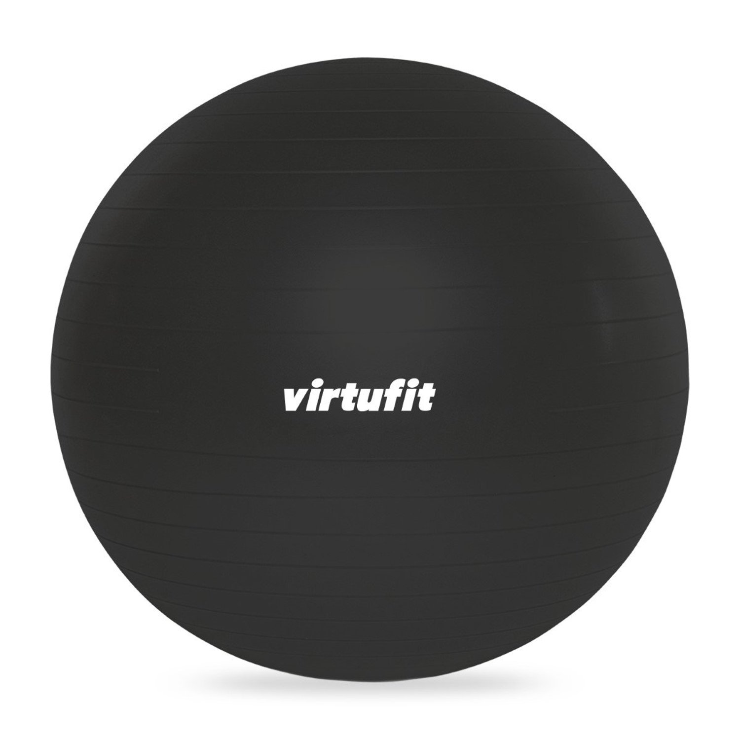 Ein schwarzer Gymnastikball mit dem weißen Wort 'virtufit' darauf. Der Ball ist rund.
