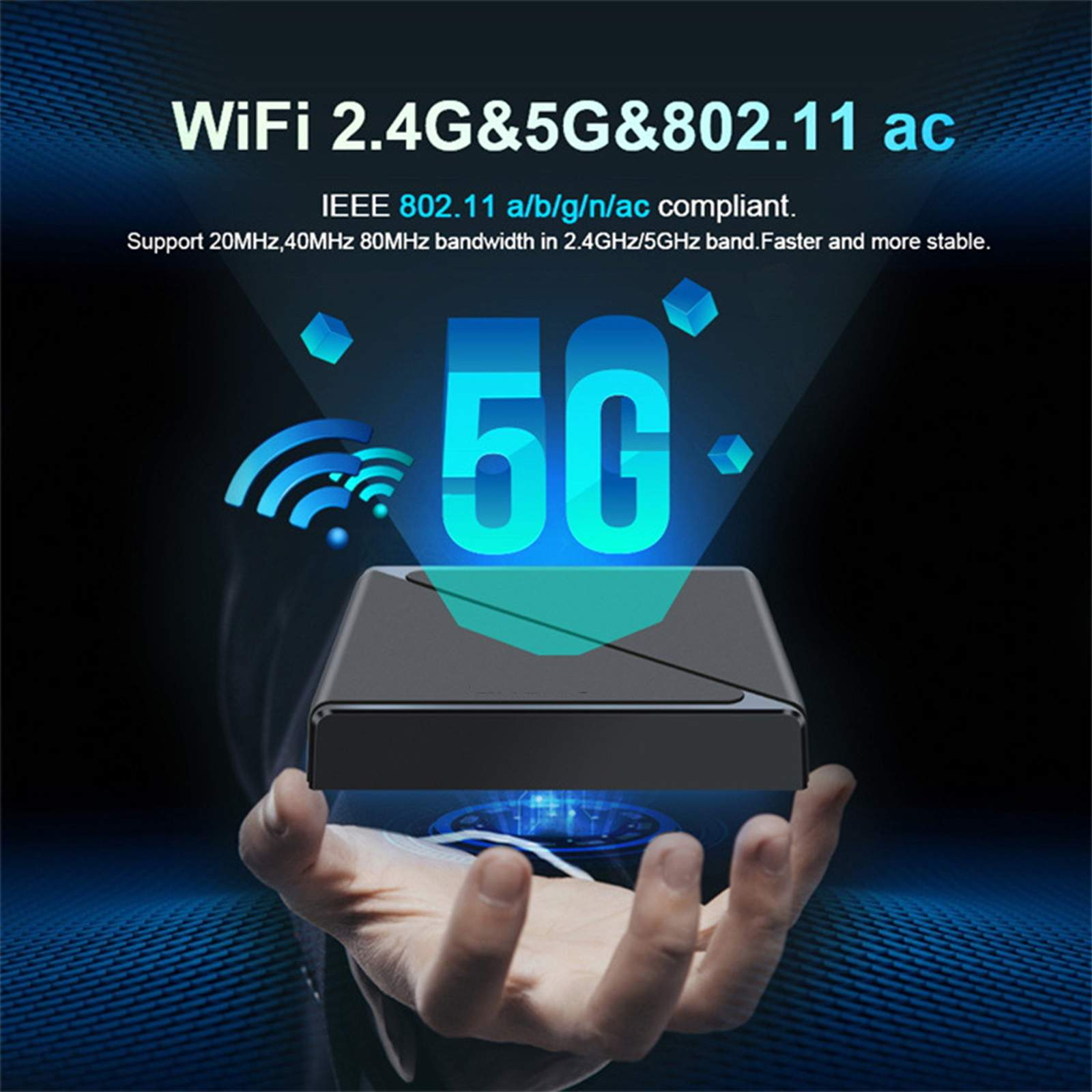 Eine Hand hält ein schwarzes Gerät mit 5G-Logo. Text hebt WLAN und verwandte Standards hervor.
