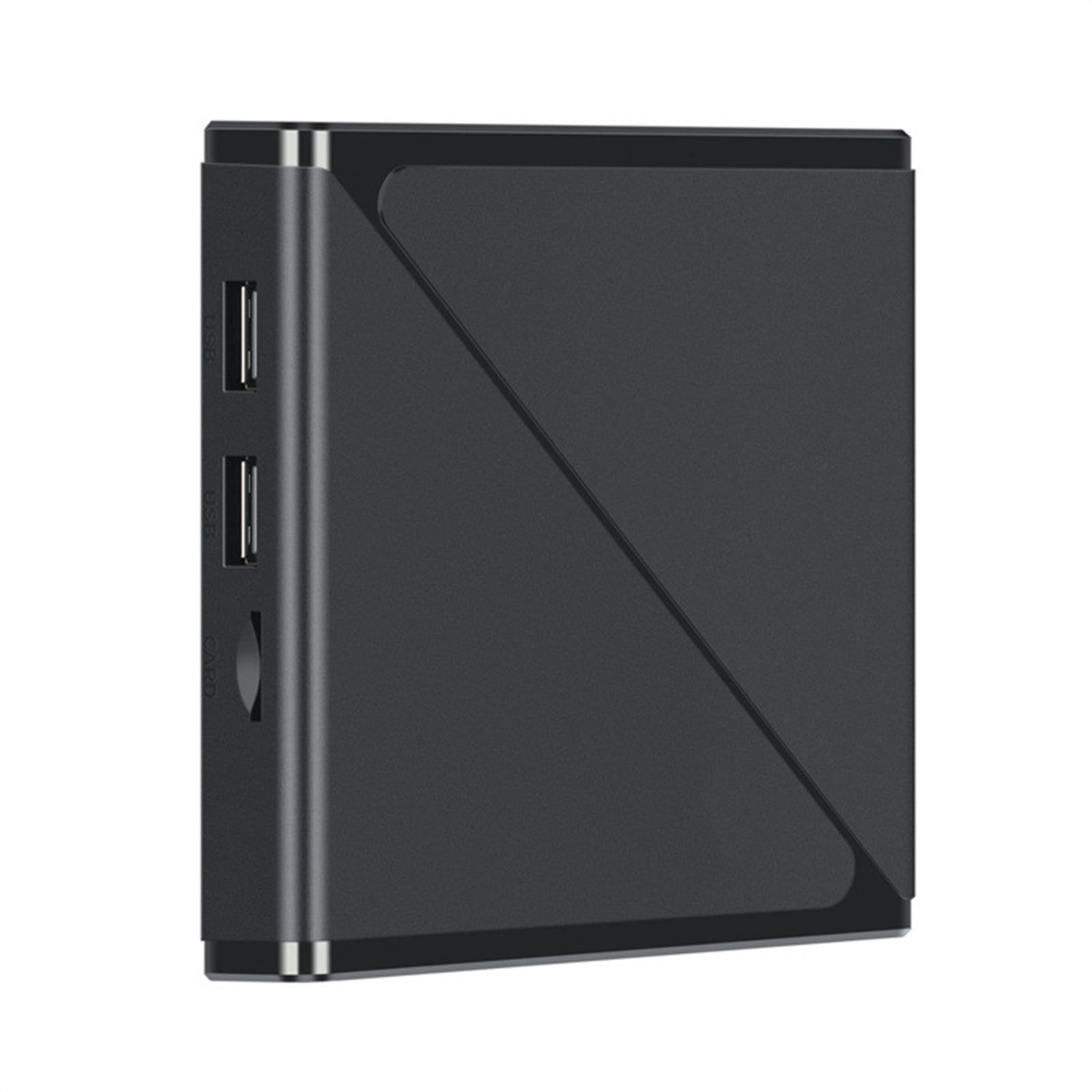 Ein dunkelgraues, rechteckiges Gerät mit USB-Anschlüssen und einem Kartensteckplatz. Es hat ein diagonales Design.