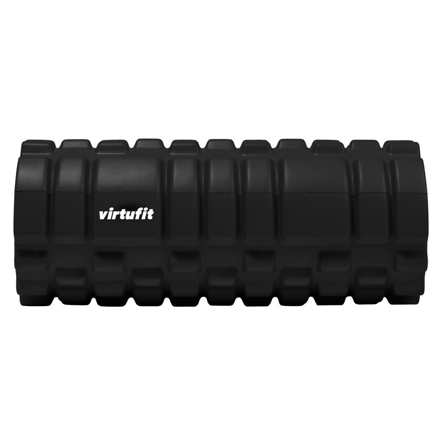 Eine schwarze Faszienrolle mit strukturierter Oberfläche, der Markenname 'virtufit' in Weiß ist aufgedruckt.