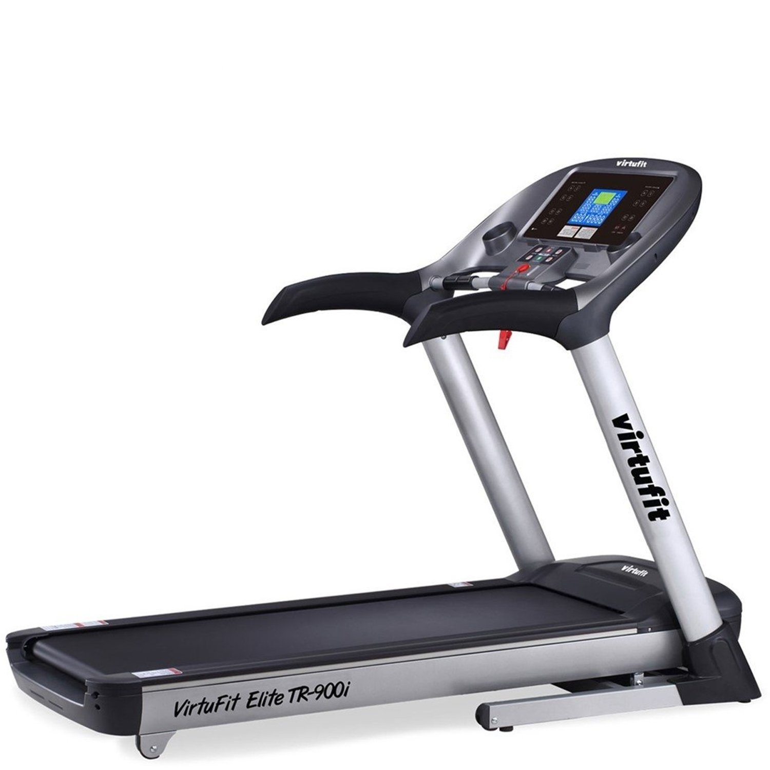 Ein VirtuFit Elite TR-900i Laufband. Es hat ein schwarzes Laufband, einen grauen Rahmen und eine abgewinkelte Konsole mit Display.