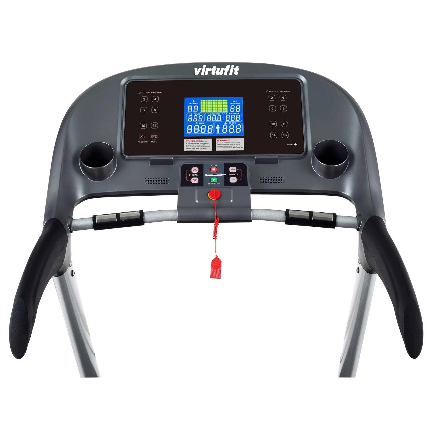 Ein graues Virtufit-Laufband mit Digitalanzeige, die Zahlen und Bedienelemente anzeigt. Es hat schwarze Griffe und einen roten Sicherheitsschlüssel.