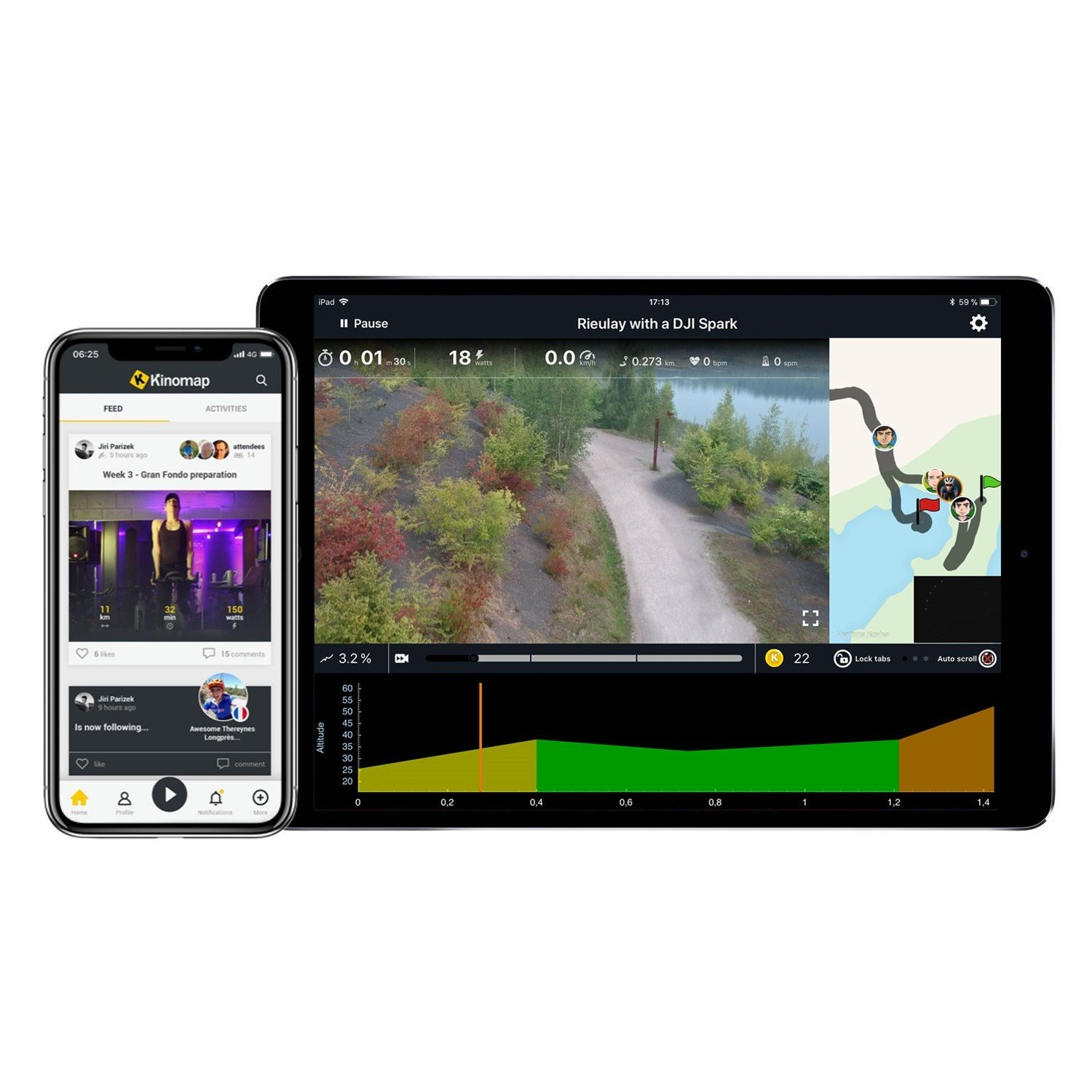 Ein Telefon und ein Tablet zeigen eine Fitness-App-Oberfläche mit Trainingsdaten und einer Kartenanzeige.