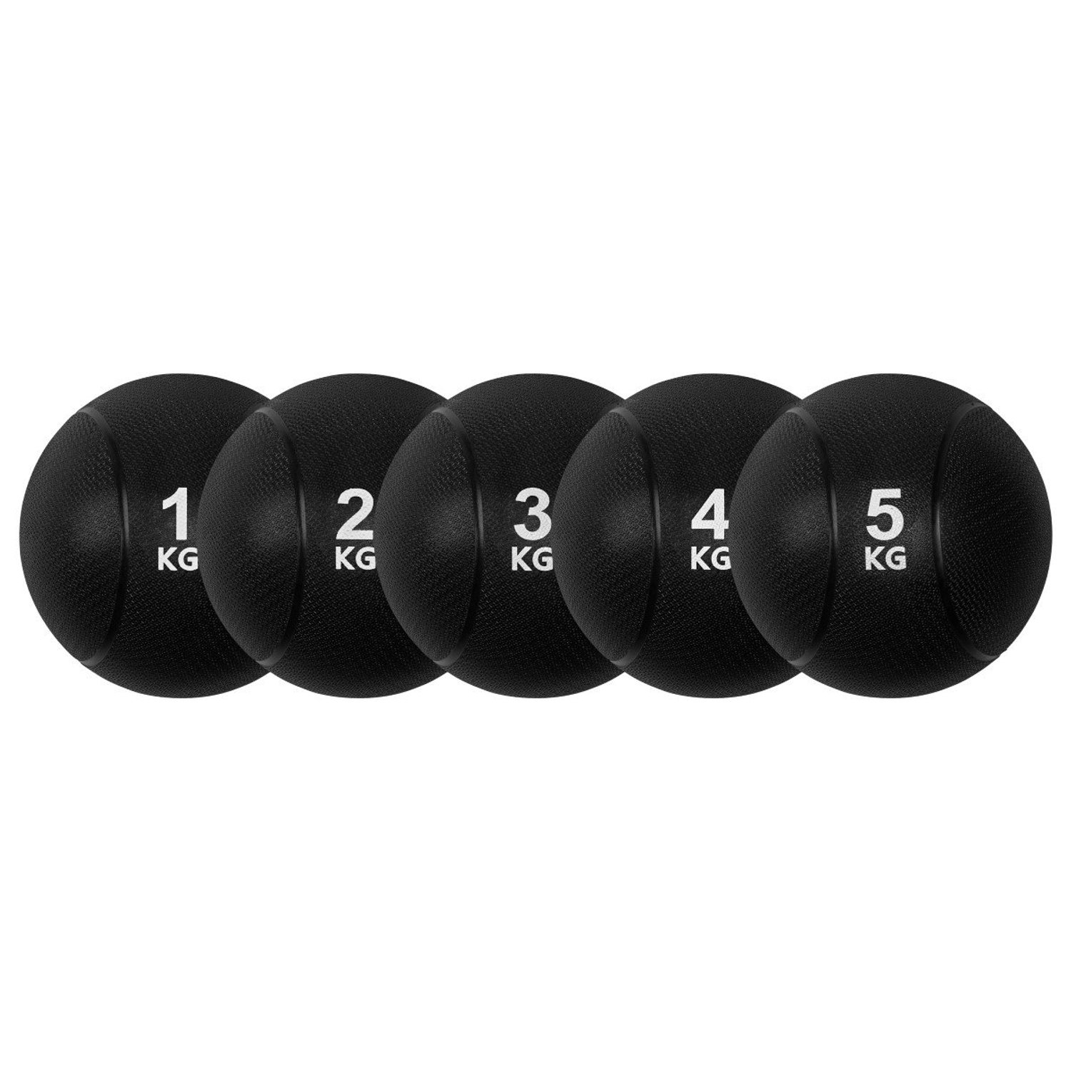 Fünf schwarze Medizinbälle sind horizontal angeordnet. Jeder Ball ist mit einer Nummer von 1 bis 5 und dem Gewicht in kg beschriftet.