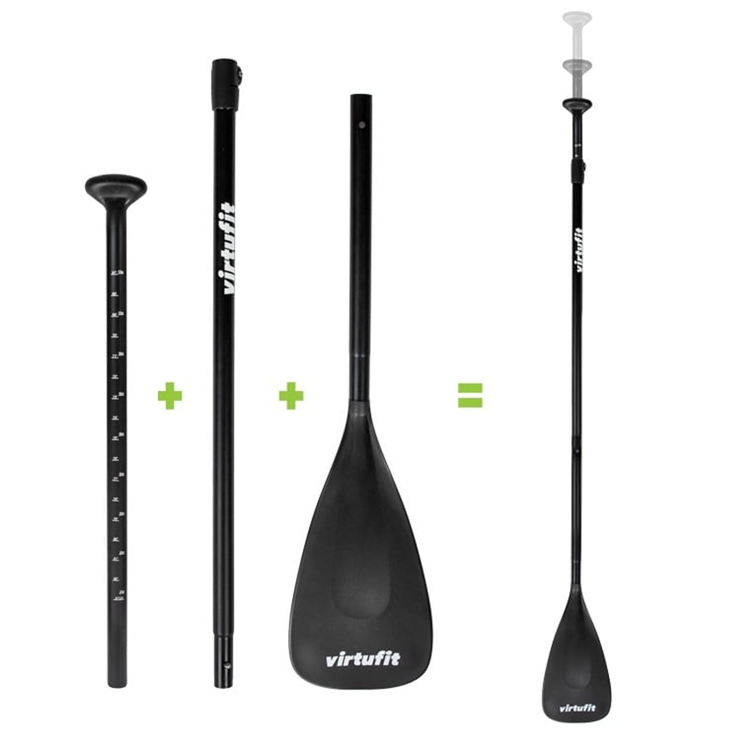 Das Bild zeigt ein Paddleboard-Paddel. Teile werden separat und montiert dargestellt. Schwarz mit 'virtufit' Text.