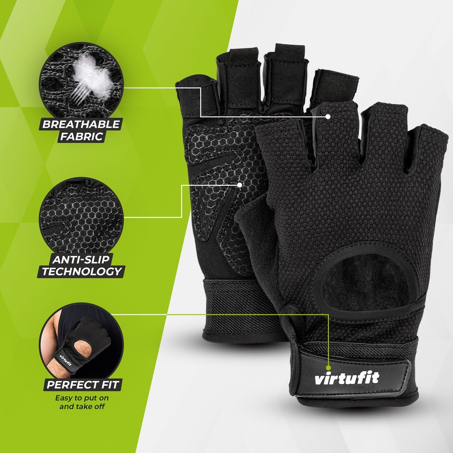 Das Bild zeigt schwarze Virtufit-Gewichtheberhandschuhe. Zu den Merkmalen gehören atmungsaktives Gewebe, Anti-Rutsch-Technologie und perfekte Passform. Das Markenlogo ist sichtbar.