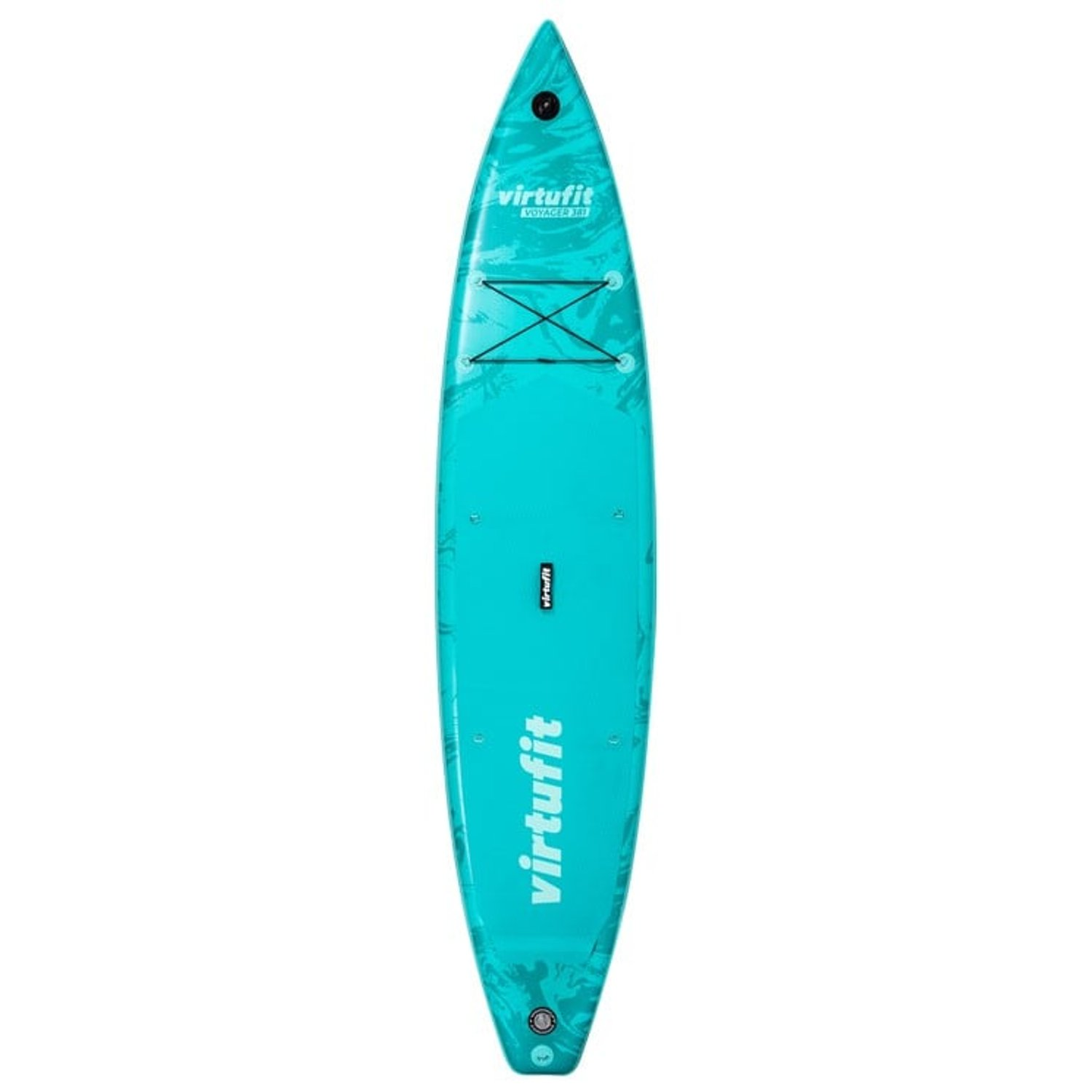 Ein türkisfarbenes Virtufit Voyager 381 Stand-Up-Paddleboard vor weißem Hintergrund. Es hat eine spitze Front und den Markennamen.