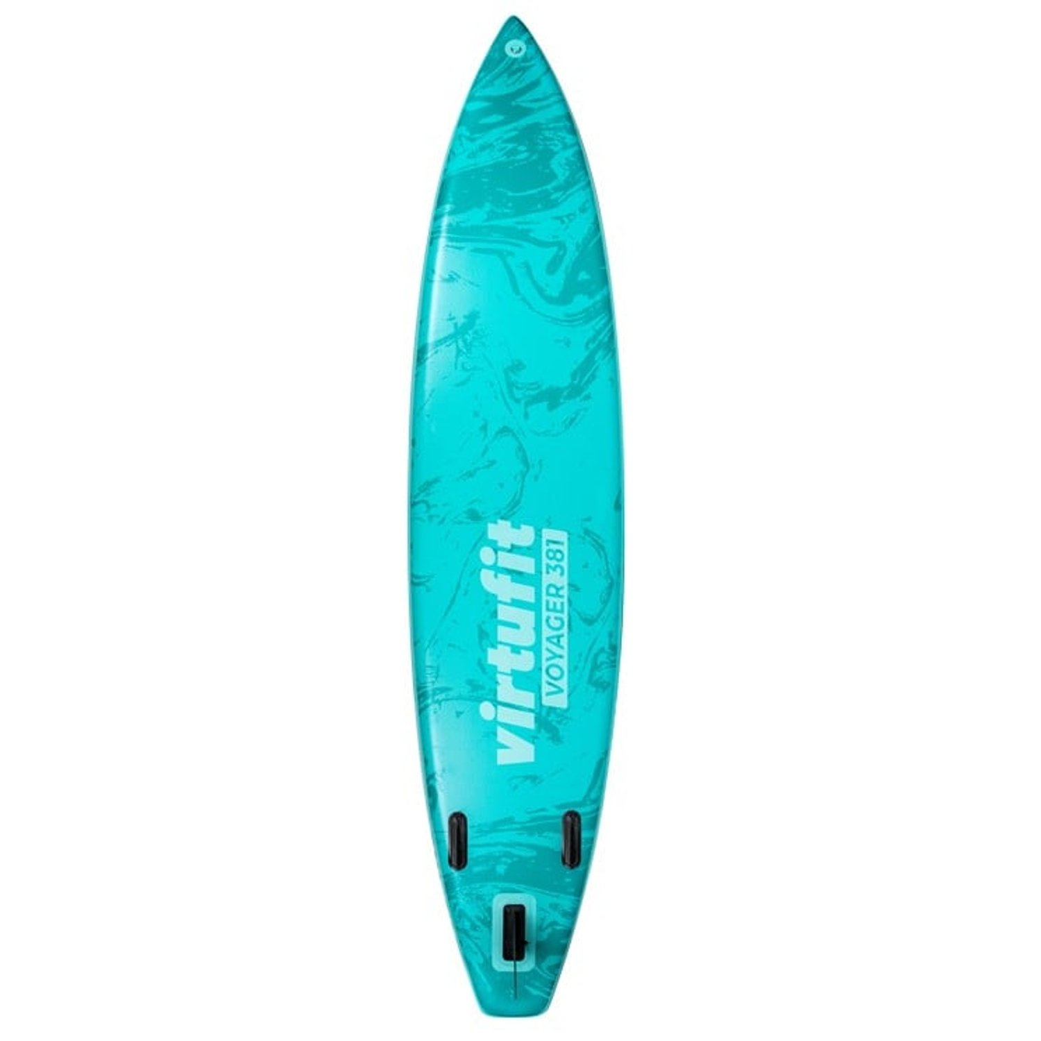 Ein türkisfarbenes Stand-Up-Paddleboard mit weißem Text 'virtufit' und 'VOYAGER 381'. Das Board hat ein Marmormuster.