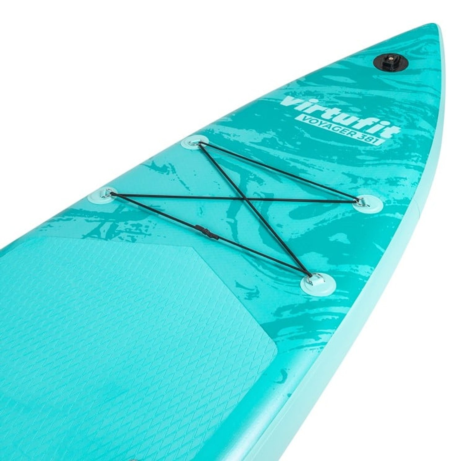 Ein türkisfarbenes Paddleboard mit schwarzen Bungee-Kordeln. Das Board hat eine strukturierte Oberfläche und den Markennamen Virtufit.